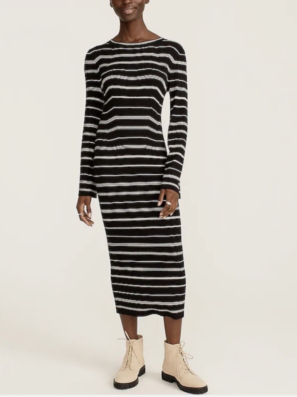J. Crew Black and White Striped Long Sleeve Sweater Midi Dress